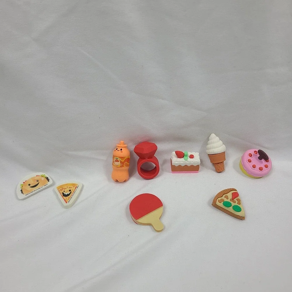 Lot of 8 Novelty Erasers Food Kawaii Pizza Ice Cream Ring School Supplies